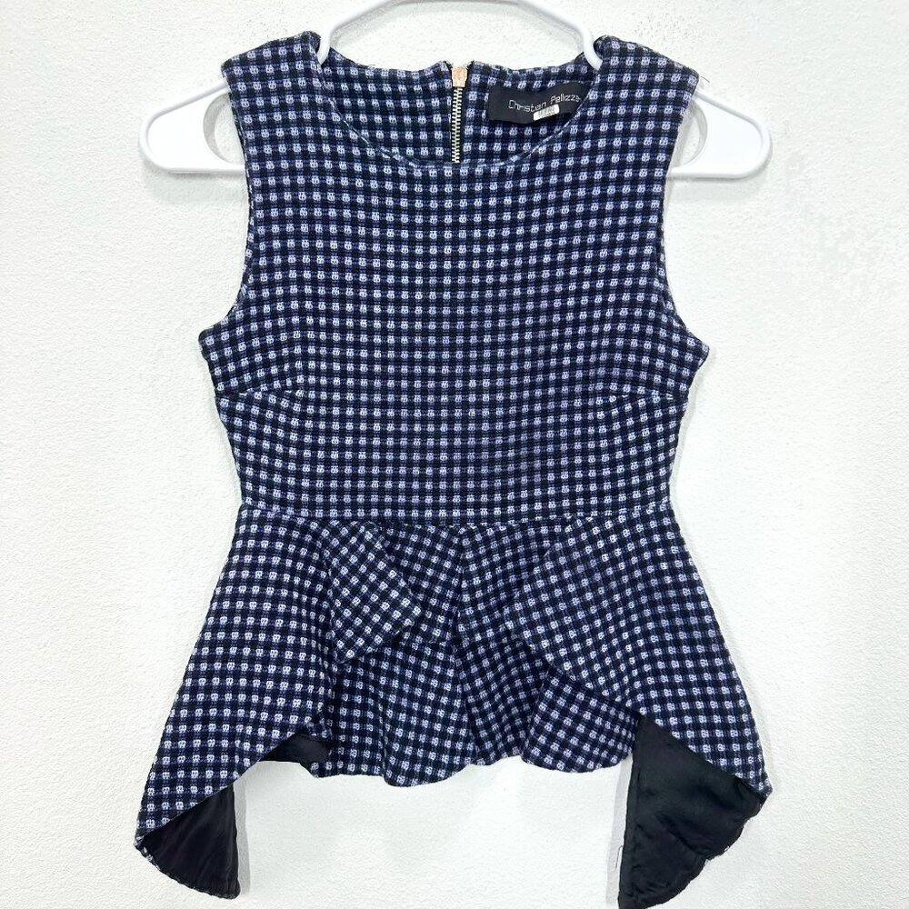 Christian Pellizzari Navy Blue‎ Checkered Windowpane Peplum Crop Top Knit Blouse